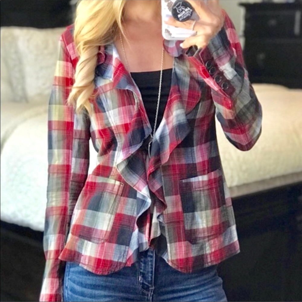 Free People Plaid Ruffle Top with long sleeves - Picture 1 of 5